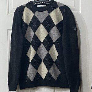 Lule & Scott Made in Scotland Wool Sz L Men's Sweater Pullover Gray/Ivory Argyle